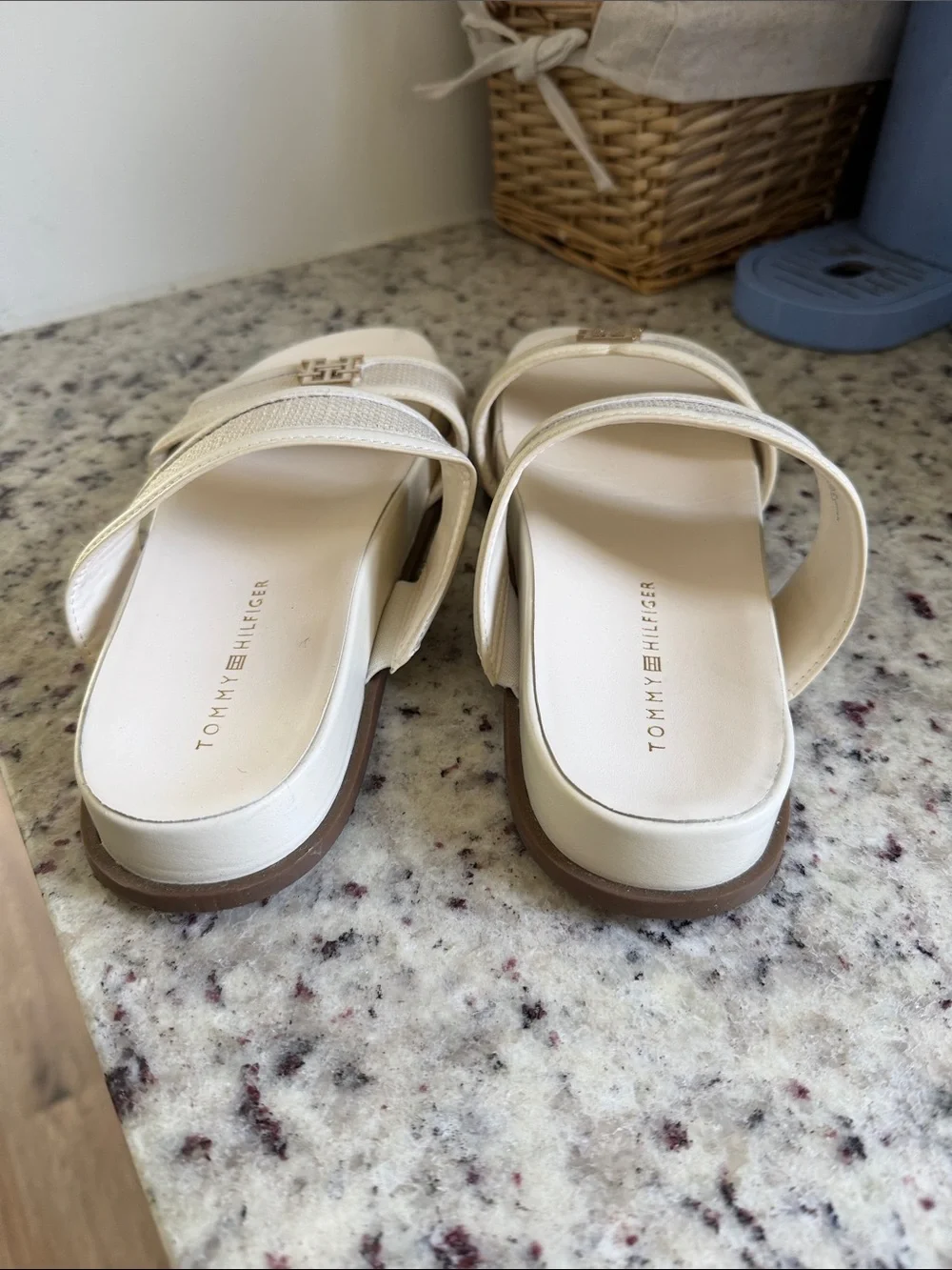 Tommy Hilfiger Woven Double-Strap Slide Sandals in Cream